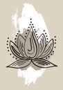 Graphical flower illustration. Lotus flower line art beige pattern background