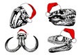 Graphical hand-drawn collection of vector skulls of dinosaurs, smilodon and mammoth in Santa Claus hats