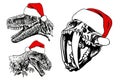 Graphical hand-drawn collection of vector skulls of dinosaurs, smilodon and mammoth in Santa Claus hats