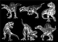 Graphical hand-drawn set of dinosaurs isolated on black,vector