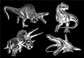 Graphical hand-drawn set of dinosaurs isolated on black,vector