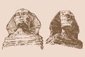 Graphical hand drawn sphinx statues on sepia background,vector illustration . Egyptian architecture Royalty Free Stock Photo