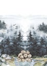 Graphical illustration of a countryside landscape, with vilage and trees. Hand drawn watercolor illustration. Forest blank design