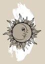 Graphical illustration. Sun and moon line art, beige pattern background