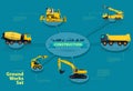 Graphical isometric layout construction machinery. Collection heavy machinery for construction.