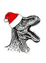 Graphical portrait of tyrannosaurus in Santa Claus hat, Crhistmas element, dinosaur isolated on white