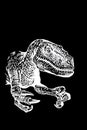 Graphical portrait of tyrannosaurus watching right on black, vector engraved illustration