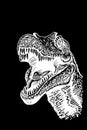 Graphical portrait of tyrannosaurus watching right on black, vector engraved illustration