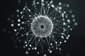 Minimalistic graphical representation of a virus with interconnected elements in a dark background. Generative AI