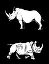 Graphical set of rhino isolated on black background, vector engraved illustration Royalty Free Stock Photo