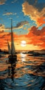 Lively Coastal Landscape Paintings For Yacht Silhouettes At Sunset