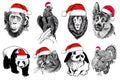 Graphical set of animals in santa claus hats isolated on white background, vector new year illustration Royalty Free Stock Photo