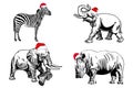 Graphical set of animals in santa claus hats isolated on white background, vector new year illustration Royalty Free Stock Photo