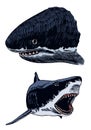 Graphical set blue sharks isolated on white background, vector color elements for textile design and tattoo