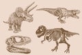 Graphical set of dinosaurs on sepia background,vector vintage illustration for tattoo and printing