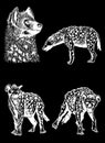 Graphical set of hyenas isolated on black background, vector engraved illustration Royalty Free Stock Photo