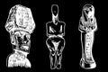 Graphical set of landmarks, vector God ptah, holy mother statue and moai on black