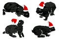 Graphical set of silhouettes of bunnies in Santa Claus hats isolated on white, vector new year illustration