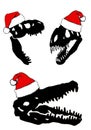 Graphical set of silhouettes of dinosaur skulls in Santa Claus red hat ,vector Christmas elements