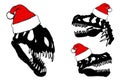 Graphical set of silhouettes of dinosaur skulls in Santa Claus red hat ,vector Christmas elements