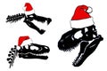 Graphical set of silhouettes of dinosaur skulls in Santa Claus red hat ,vector Christmas elements