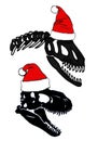 Graphical set of silhouettes of dinosaur skulls in Santa Claus red hat ,vector Christmas elements Royalty Free Stock Photo