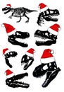 Graphical set of silhouettes of dinosaur skulls in Santa Claus red hat ,vector Christmas elements