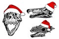 Graphical set of skulls of dinosaurs in new year red hats on white background,vector illustration