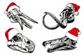 Graphical set of skulls of dinosaurs in new year red hats on white background,vector illustration