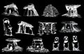 Graphical set of dolmens isolated on black background,vector engraved illustration .