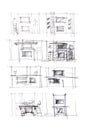 graphical sketches of living room interiors and furniture blueprints as different variants for modern room interior