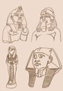 Graphical sketchy vintage set of Egypt statues of Pharaoh, vector illustration.