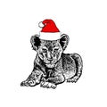 Graphical small lion in Santa Claus hat isolated on white background,vector illustration. Christmas element in design Royalty Free Stock Photo