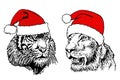 Graphical two portraits of tiger and lion in Santa Claus hats on white background,symbol of new year 2022 Royalty Free Stock Photo