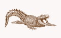 Graphical vintage crocodile with open mouth , sepia background