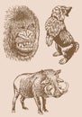 Graphical vintage set of animals on sepia background,vector illustration. Zoology Royalty Free Stock Photo