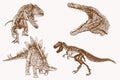 Graphical vintage set of dinosaurs , sepia background, vector illustration