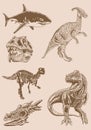 Graphical vintage set of dinosaurs on sepia background,vector illustration,tattoo designs.