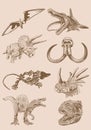 Graphical vintage set of dinosaurs on sepia background,vector illustration,tattoo designs.