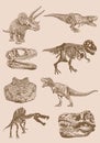 Graphical vintage set of dinosaurs on sepia background,vector illustration,tattoo designs.