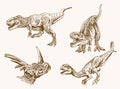 Graphical vintage set of dinosaurs, vector sepia illustration,lizards for poster and typography