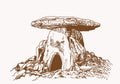 Graphical vintage sketch of dolmen, sepia background,vector illustration Krasnodar, Russia