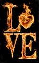 graphics of a burning love inscription on a dark background