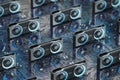 Graphics cards GPU standing in a row in bitcoin mining farm or 3d render farm. IT hardware Royalty Free Stock Photo