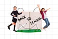 Graphics collage of two classmates children enjoy back to school copy book word isolated plaid page background Royalty Free Stock Photo