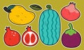 Doodle fruits. Natural tropical fruit, organic fruits or vegetarian food. Vector isolated icons illustration set