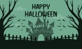 Halloween night background, Witch, Haunted House, Pumpkins and Bats.