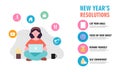 New years resolution and goals infographic. Young woman with pen writes goals and resolutions for new year Royalty Free Stock Photo