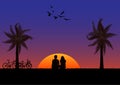 Graphics drawing couple boy and girl sit with palm and bike and sunset or sunrise background vector illustration concept romantic