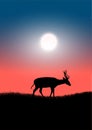 Graphics drawing silhouette animal deer on grass with moon night illustration